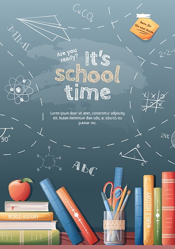 Background with drawings drawn in chalk on a school blackboard. Back to school poster with school items and elements