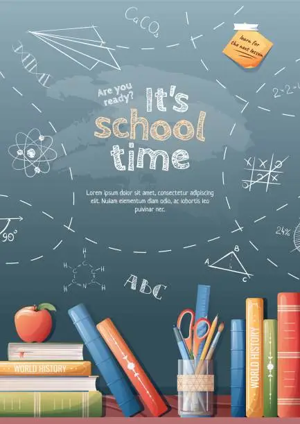 Vector illustration of Background with drawings drawn in chalk on a school blackboard. Back to school poster with school items and elements.