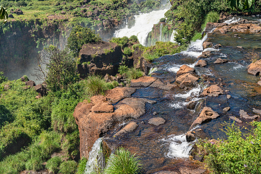 Experience the awe-inspiring beauty of Iguazu Falls, captured in this stunning photo. Located on the border of Brazil and Argentina, these iconic waterfalls are one of the natural wonders of the world, boasting breathtaking views and a powerful roar that can be heard from miles away. The cascading water and lush surrounding greenery create a mesmerizing sight that draws visitors from around the globe. This image is a must-have for anyone interested in nature, adventure, or travel, and is perfect for use in educational or tourism materials.