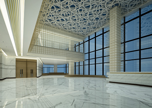 3d render of building entrance hall lobby, hotel lobby