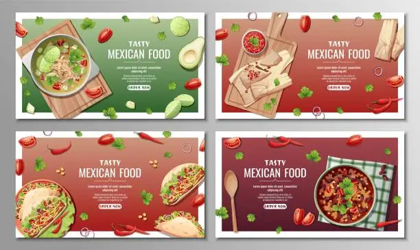 Vector illustration of Mexican food banners set. Tamales, tacos, lime and bean soup. Background, webbaner, poster, advertisement of traditional Mexican cuisine