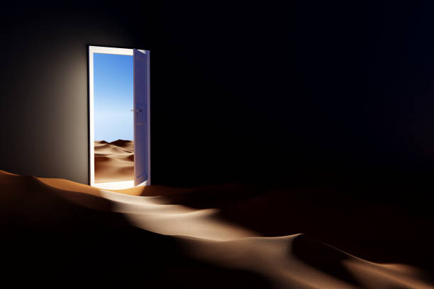 istock Open Door And Light Leading to Desert - Minimal concept. 3d Illustration Render 1479455883