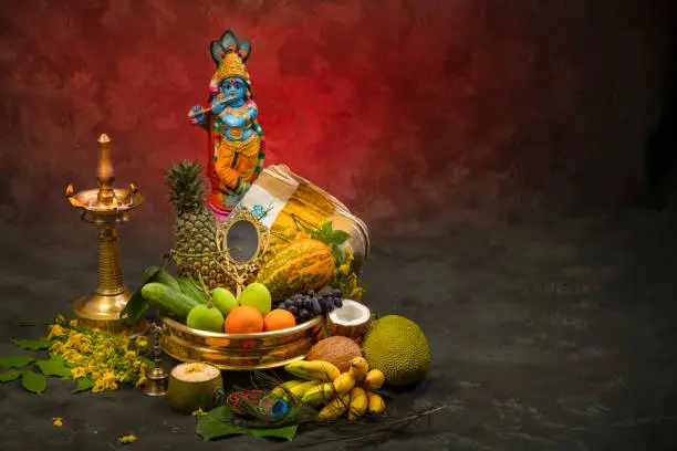 Vishu kani background with copy space for greeting text, 2023 Happy vishu concept image