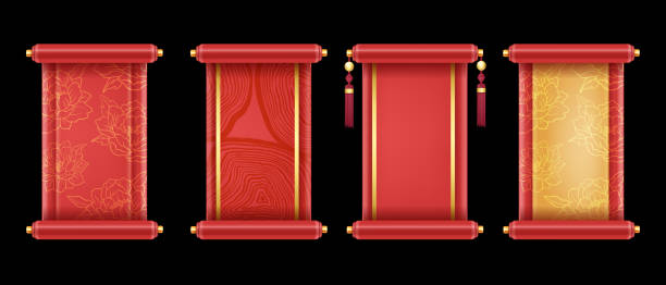 istock 3D Chinese scroll set, royal red festive banner kit, vector asian game UI traditional design element. 1479458383