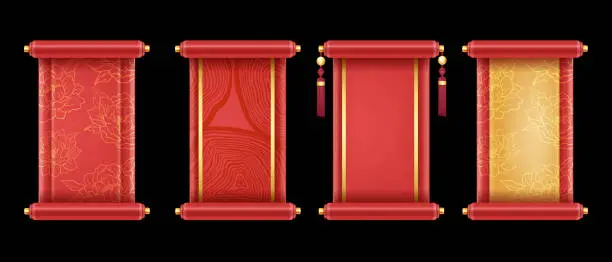 Vector illustration of 3D Chinese scroll set, royal red festive banner kit, vector asian game UI traditional design element.