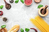 Italian Pasta ingredients on bright background. Italian food.