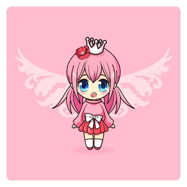 Vector illustration of Cute and kawaii princess girl. Happily manga fairy girl with crown and wings.