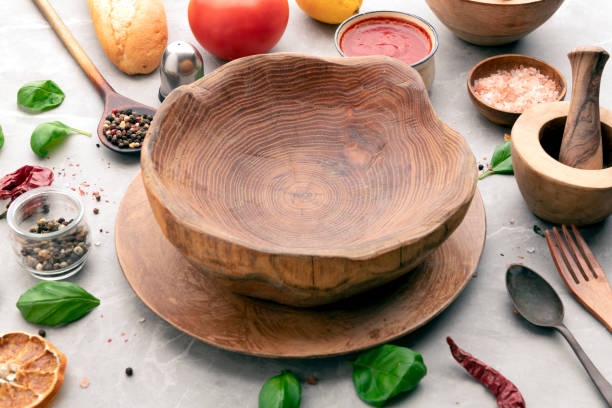 Modern empty trendy Craft Plates And Bowls with ingredients