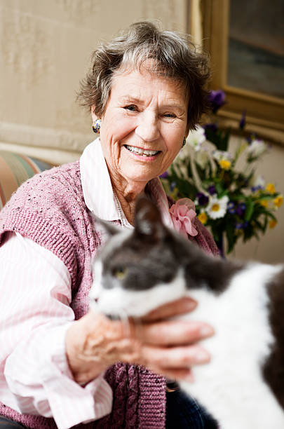 istock Happily smiling old lady with her pet cat 147946135