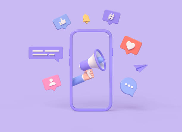 istock 3d mobile phone frame, hand holding a loudspeaker, notifications on speech bubbles, icon and comment, hearts, thumbs up, hashtag. social media advertising and promotion concept. 3d rendering 1479461791