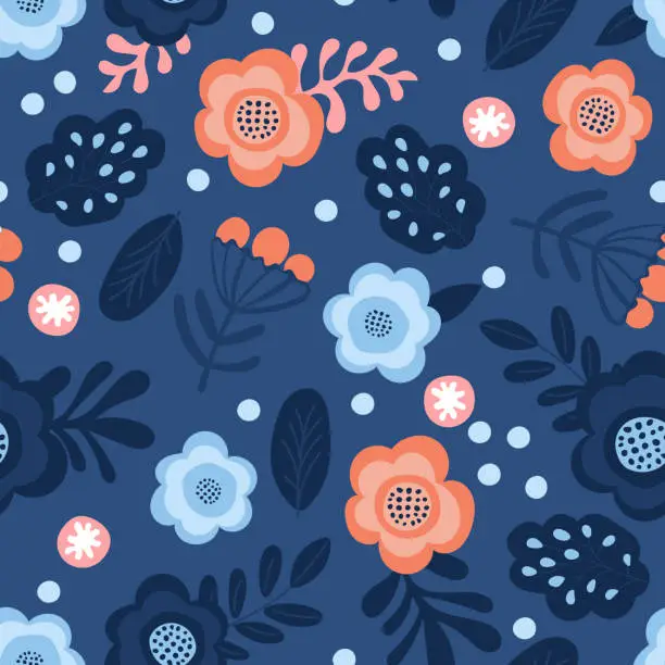Vector illustration of Seamless floral pattern with orange and blue blush flowers elements, leaves branches on dark background.