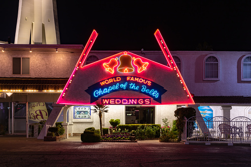 Las Vegas, United States - November 22, 2022: A picture of the Chapel of the Bells at night.