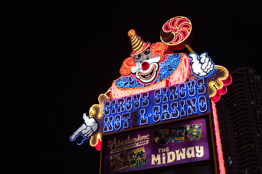 Las Vegas, United States - November 22, 2022: A picture of the billboard of the Circus Circus Hotel and Casino at night.