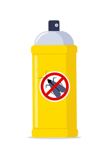 istock Repellent spray in the yellow bottle. Protection from the moth and other insect. Aerosol for bug bite prevention. Black moth silhouette crossed in red circle. Vector illustration. 1479463620