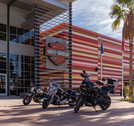 Las Vegas, United States - November 23, 2022: A picture of many Harley-Davidson motorcycles in front of the Las Vegas Harley-Davidson branch.