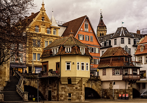 ESSLINGEN,GERMANY - JANUARY 18,2020:Innere Bruecke This is a part of the downtown area,where modern shops were built in old,historic buildings.