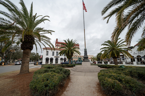 St. Augustine, Florida - December 31, 2022: View of the Plaza de la Constitucion and its war memorial in the historic area