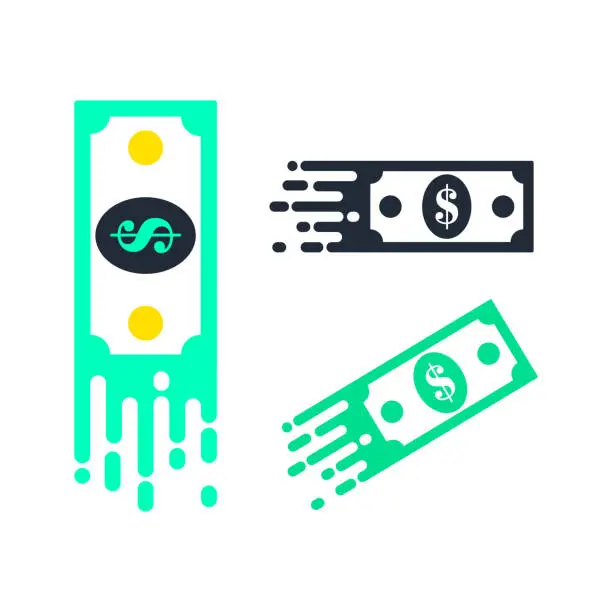 Vector illustration of Fast cash dollar, money flat icon vector. Money vector icon. Bank note Dollar bill flying from sender to receiver. Design illustration for money, wealth, investment and finance concepts.