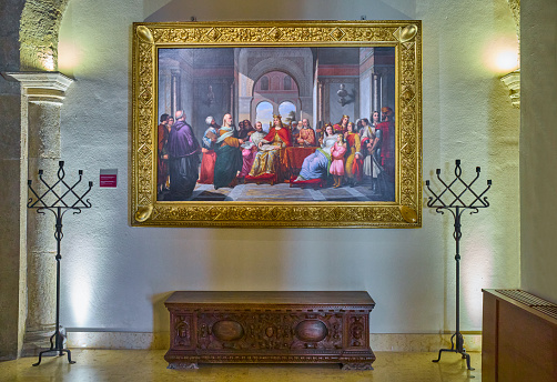 Palermo, Italy - October 17, 2022:  Portrait depicting King Phaederic II among the court philosophers in the Norman Palace also known as the Royal Palace
