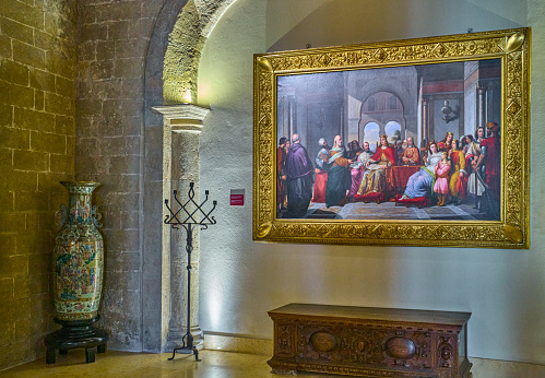Palermo, Italy - October 17, 2022:  Portrait depicting King Phaederic II among the court philosophers in the Norman Palace also known as the Royal Palace