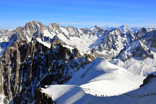 Iconic complex of very difficult to climb rock peaks called Mooses Tooth (10,335 feet/ 3139 m) or Moose’s Tooth and Broken Tooth (on the right) located near the Ruth Gorge in Central Alaska Range, within Denali National Park. East-to-west summit ridge is nearly mile-long.