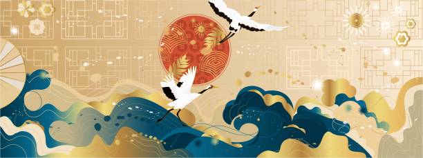 Vector poster with a Japanese theme. Line art style. Abstract art background vector. Japanese cranes. Vector poster with a Japanese theme. Line art style. Abstract art background vector. Japanese cranes. japanese crane stock illustrations