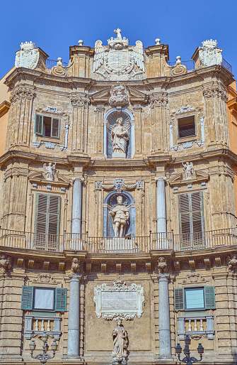 Italy, Palermo, view of the Baroque facade of one of the Quattro Canti palaces in Piazza Villena