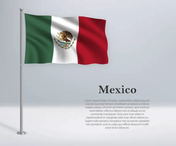 Vector illustration of Waving flag of Mexico on flagpole. Template for independence day poster
