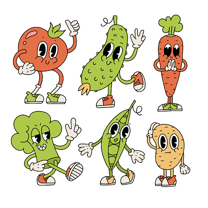 Set of groovy retro cartoon vegetables characters. Collection of cute comics veggie mascots. Hand drawn contour illlstration in 70s retro vibes style