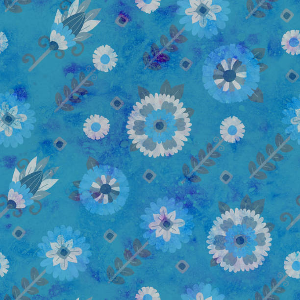 istock Seamless pattern. Background with floral ornament. Raster illustration for fashion design, packaging, wrapping or scrapbooking. Printing on paper or fabric. Blue flowers on a blue background. 1479475714