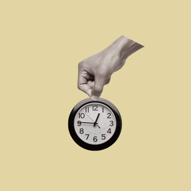 Contemporary collage of hands holding clock.