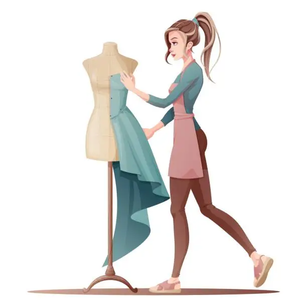 Vector illustration of Seamstress tries on a dress on a mannequin. Woman fashion designer with mannequin in cartoon style. Vector illustration of a dressmaker working in an atelier.