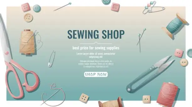 Vector illustration of Sewing shop banner with seamstress working tools. Threads, scissors, needles, pins located on the surface. Sewing accessories, handicraft, hobby