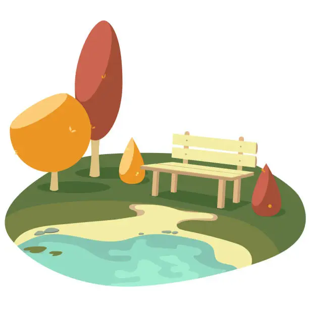 Vector illustration of Bench by a Lake Vector Illustration with Surroundings in Autumn Fall Season