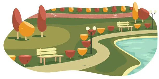 Vector illustration of Vector Illustration of a Serene Park with Benches, Lights, and Lake during Autumn Fall Season