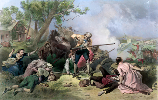 Illustration depicts the Battle of Bunker Hill during the American Revolution. The scene shows the intense fighting that took place on June 17, 1775, at Breed's Hill, which is commonly referred to as the Battle of Bunker Hill. 
In the image we see American colonists, also known as patriots, firing on British soldiers as they advance up the hill. The smoke and chaos of the battle fill the scene, with soldiers engaged in hand-to-hand combat and others falling to the ground. The soldiers, dressed in colonial-era clothing, are shown loading muskets, while others are shown taking aim or reloading. 
The image captures the intensity and violence of the battle, making it a powerful symbol of American patriotism and the fight for liberty.