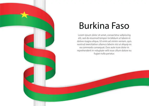 Vector illustration of Waving ribbon on pole with flag of Burkina Faso. Template for independence day