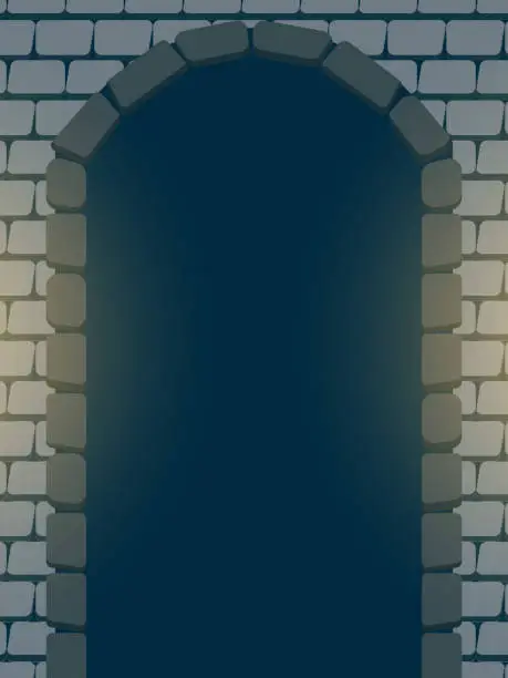 Vector illustration of Medieval brick arch with a dark opening inside.