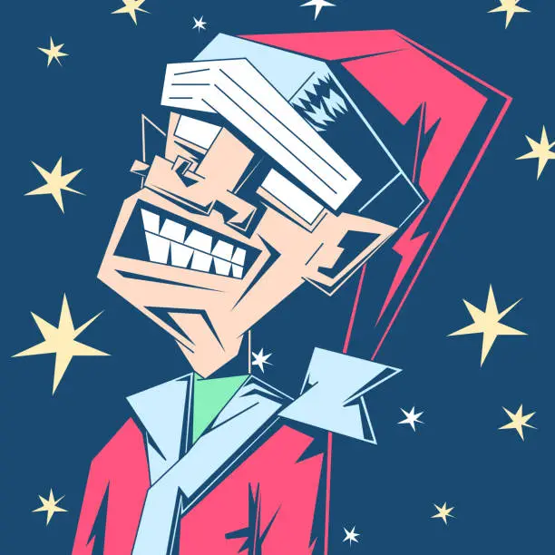 Vector illustration of Funny cartoon portrait of a Christmas character on a festive background.