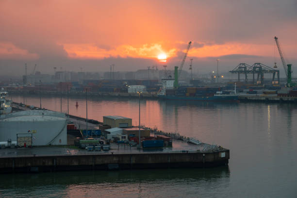 Bruges Brugge, Belgium on December 30, 2022. Sunset harbor of Zeebrugge-Seabruges.