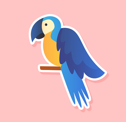 Parrot sticker concept. Blue tropical and exotic bird with large beak. Fauna of jungle and rainforest. Sticker for social networks and messengers. Cartoon flat vector illustration
