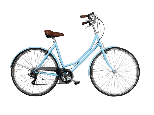 Blue retro bicycle with brown saddle and handles, generic bike side view stock photo
