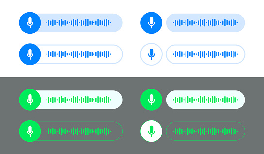 Voice messages, audio chat or messenger record interface, vector playback bubbles. Voice message UI UX or record play of audio chat in mobile phone messenger blue and green