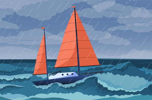 ilustraciones, imágenes clip art, dibujos animados e iconos de stock de tormenta de barcos en el mar - barco vela tormenta