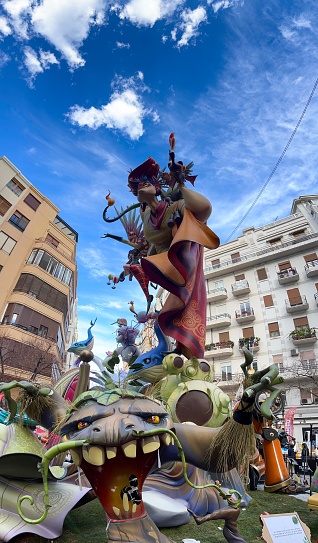 Valencia, Comunidad Valenciana, Spain - March 18, 2023: Ninot dolls are displayed on the streets ahead of 'Las Fallas de Valencia' Fireworks Festival.\n\nLas Fallas or \