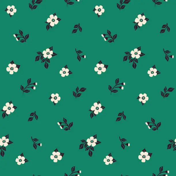 Vector illustration of Seamless floral pattern, cute ditsy print with small decorative art flowers, leaves on a green background. Vector.