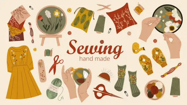 Vector illustration of Sewing items set