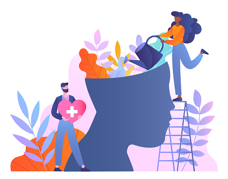 Mental health concept. Man with heart in hands and woman with watering can near abstract silhouette of head with plants. Psychological help and support, mindfulness. Cartoon flat vector illustration