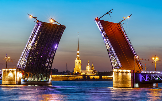 Open Palace bridge and Peter and Paul cathedral at white night, Saint Petersburg, Russia