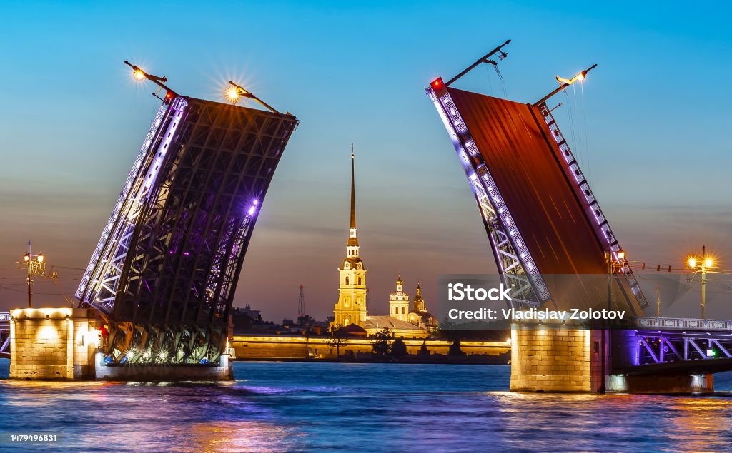 Open Palace bridge and Peter and Paul cathedral at white night, Saint Petersburg, Russia St. Petersburg - Russia Stock Photo